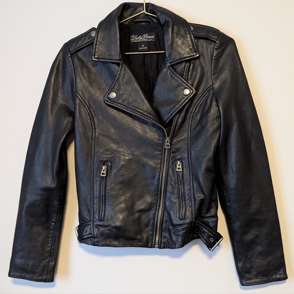 Lucky Brand Lamb Leather Classic Full Zip Moto Jacket Size XS Black EUC - Picture 4 of 8